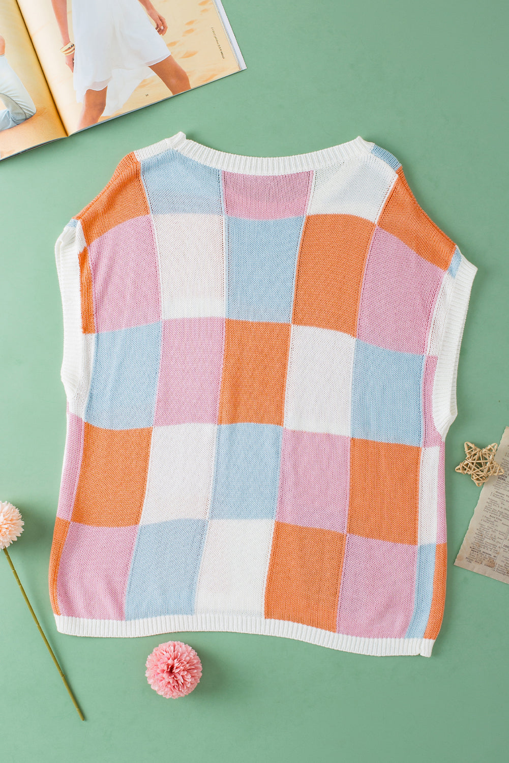 Dark Blue Checkered Color Block Cap Sleeve Knitted Top