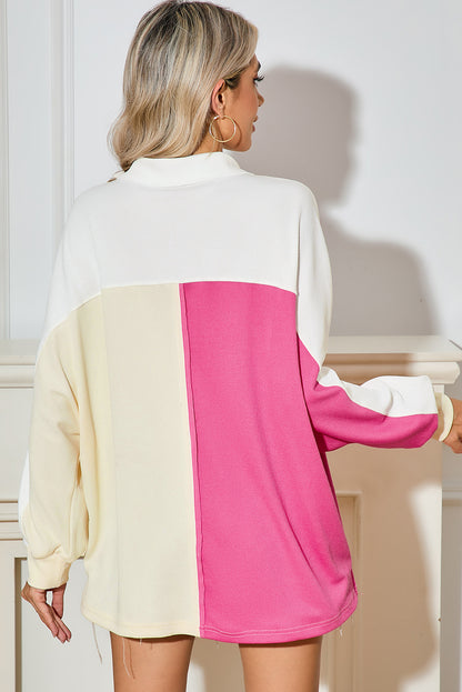 Colorblock Patchwork Ribbed Oversized Henley Sweatshirt