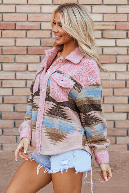 Aztec Print Sherpa Splicing Buttoned Flap Pocket Coat