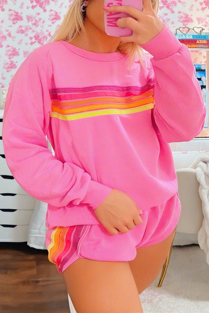 Bonbon Colorful Striped Long Sleeve Pullover and Shorts Set