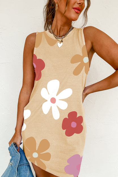 Apricot Flower Print Crew Neck Sleeveless Mini Dress