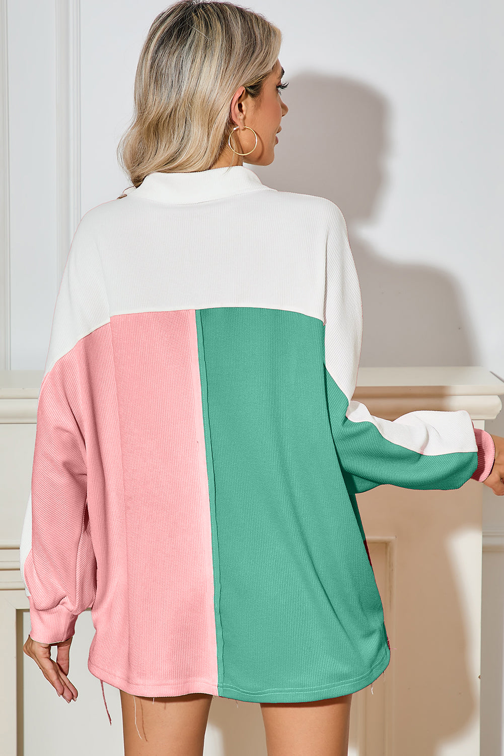 Colorblock Patchwork Ribbed Oversized Henley Sweatshirt