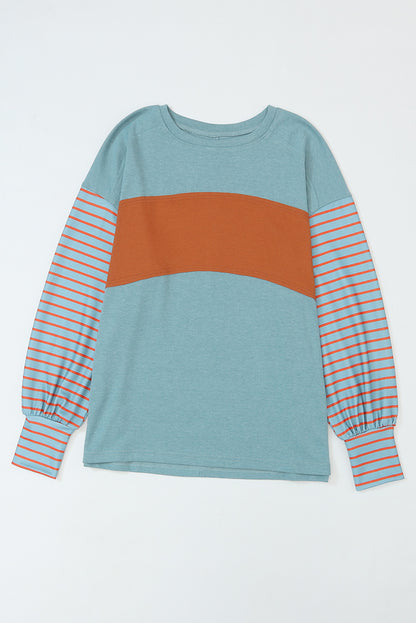 Peach Blossom Colorblock Striped Bishop Sleeve Top