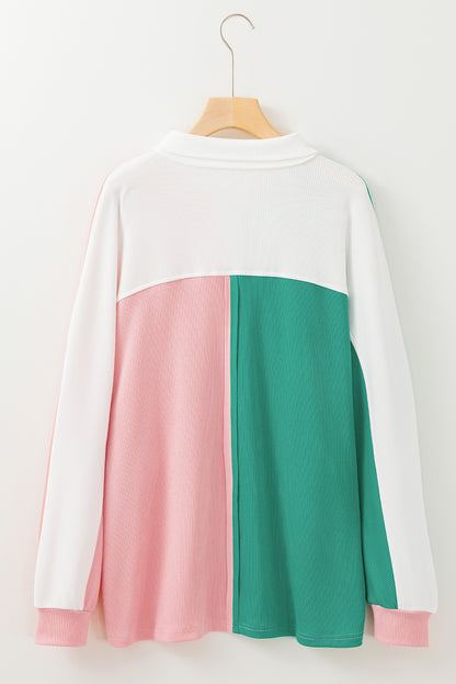 Colorblock Patchwork Ribbed Oversized Henley Sweatshirt