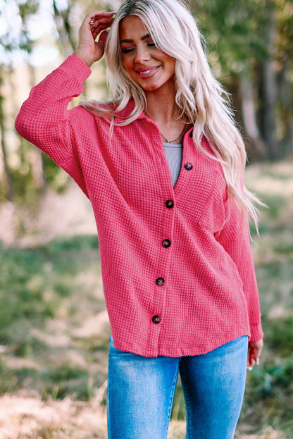 Hot Pink Pocket Buttons Front Waffle Knit Shacket