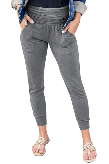 Grey Basic Pleated Pocket High Waisted Leggings