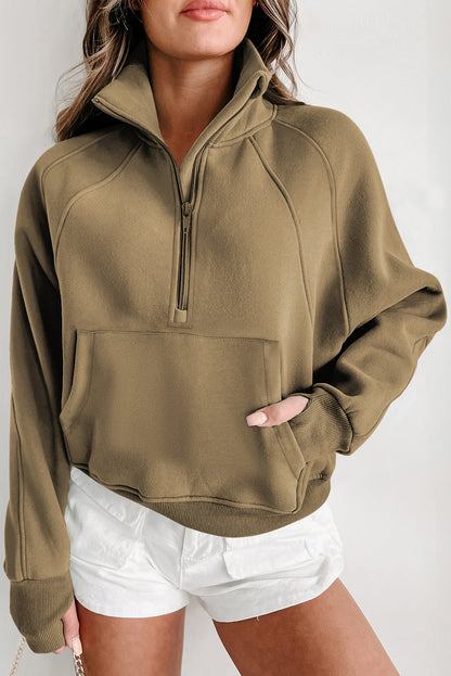 Zip Up Stand Collar Ribbed Thumbhole Sleeve Sweatshirt