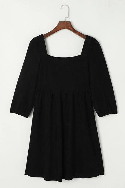 Black Washed Square Neck High Waist Flared Short Dress