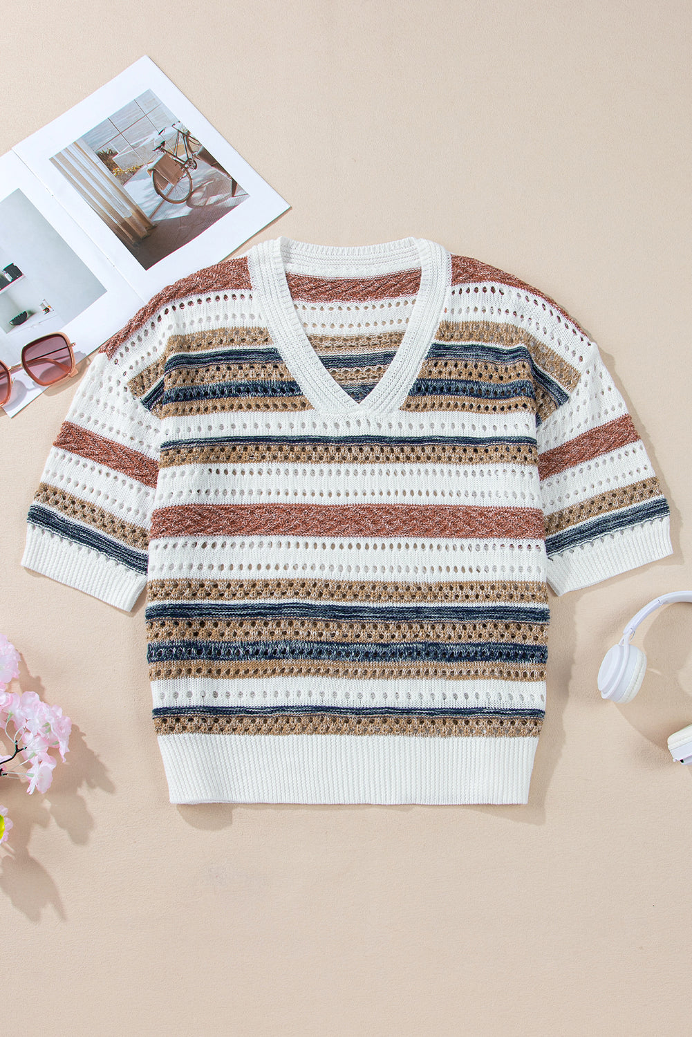 Multicolor Striped V Neck Hollow Knitted Half Sleeve Sweater