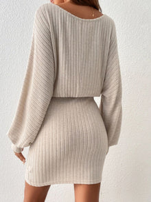 Round Necktie Waist Long Sleeve Mini Dress