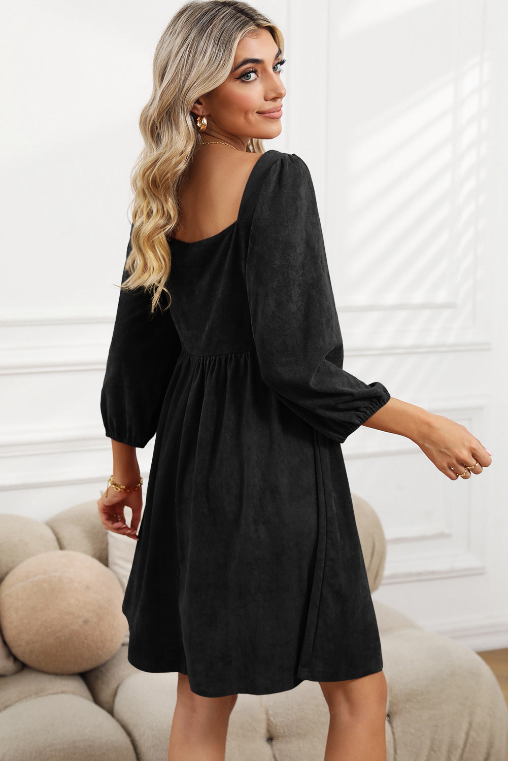 Black Washed Square Neck High Waist Flared Short Dress