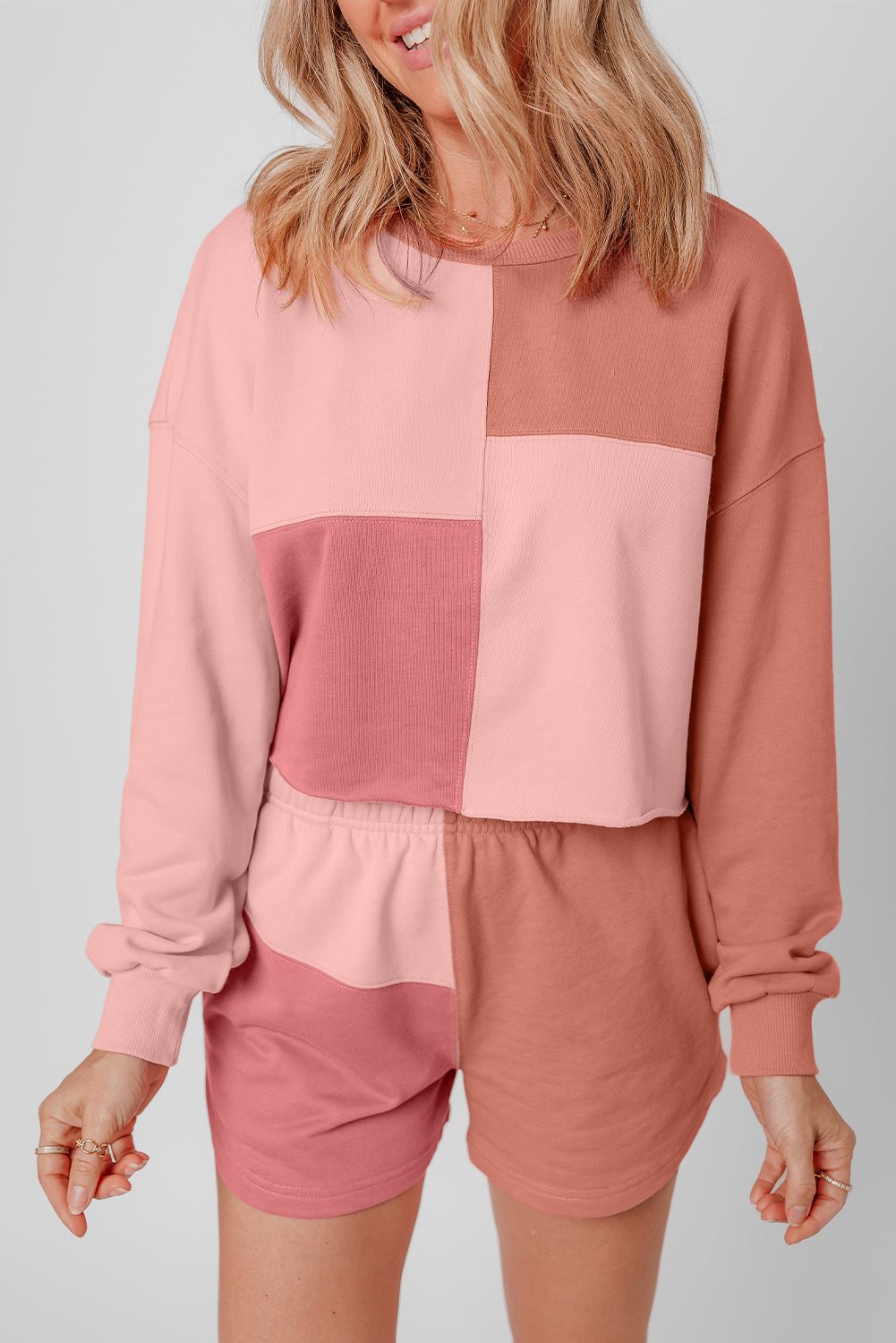 Peach Blossom Colorblock Long Sleeve Top & Pocketed Shorts Set