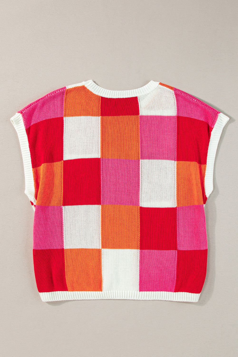 Dark Blue Checkered Color Block Cap Sleeve Knitted Top