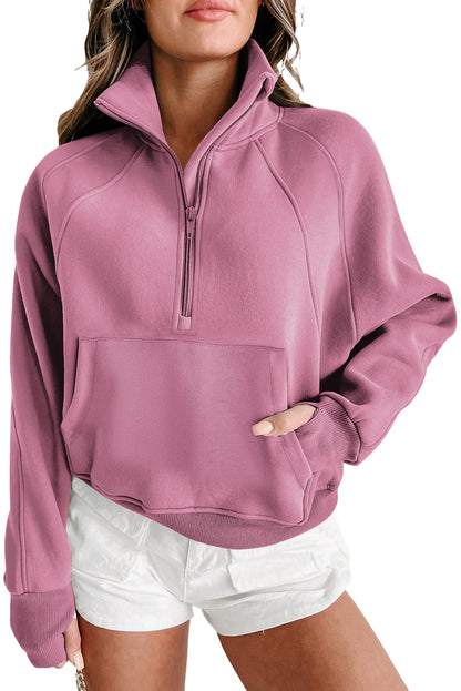 Zip Up Stand Collar Ribbed Thumbhole Sleeve Sweatshirt