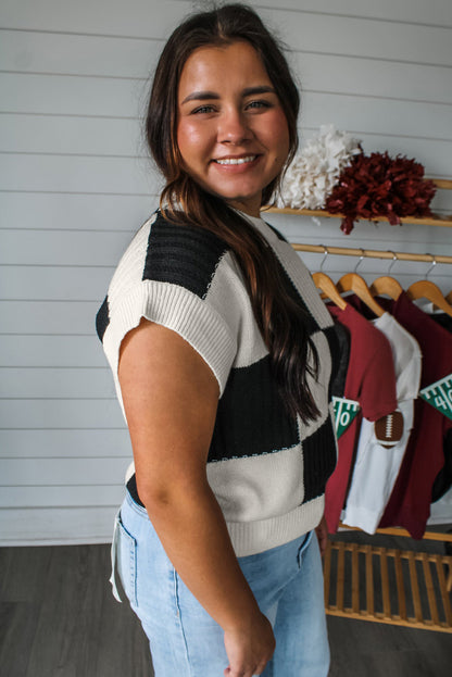 Light Blue Checkered Color Block Crew Neck Short Sleeve Sweater