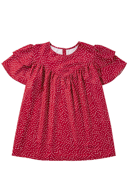 Fiery Red Spotted Print Pleated Ruffle Sleeve Blouse