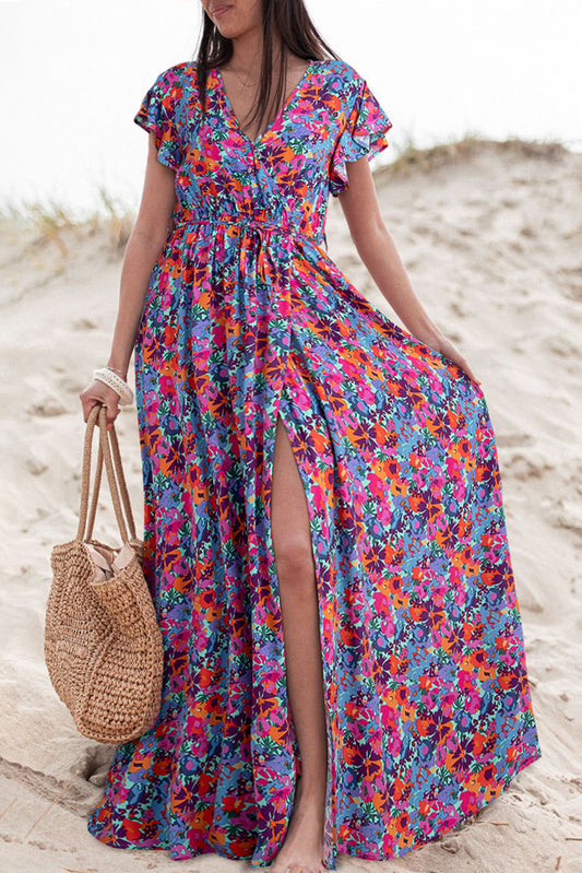 Blue Boho Floral Print V Neck Wrap Split Maxi Dress