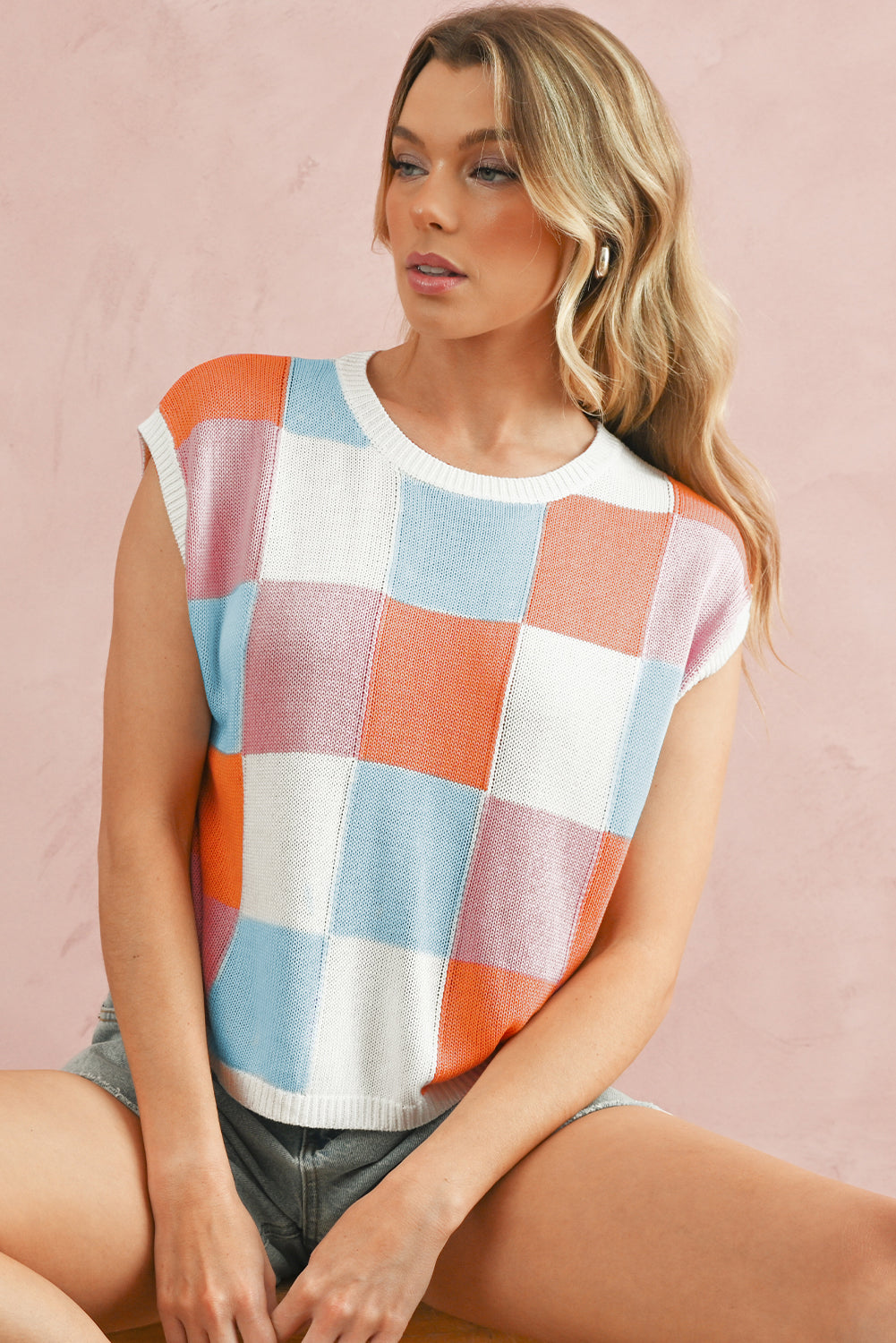 Dark Blue Checkered Color Block Cap Sleeve Knitted Top