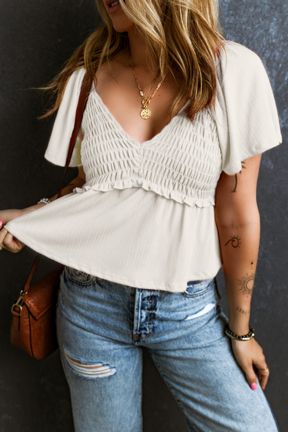 Tomato Red Shirred V Neck Short Flutter Sleeve Textured Blouse