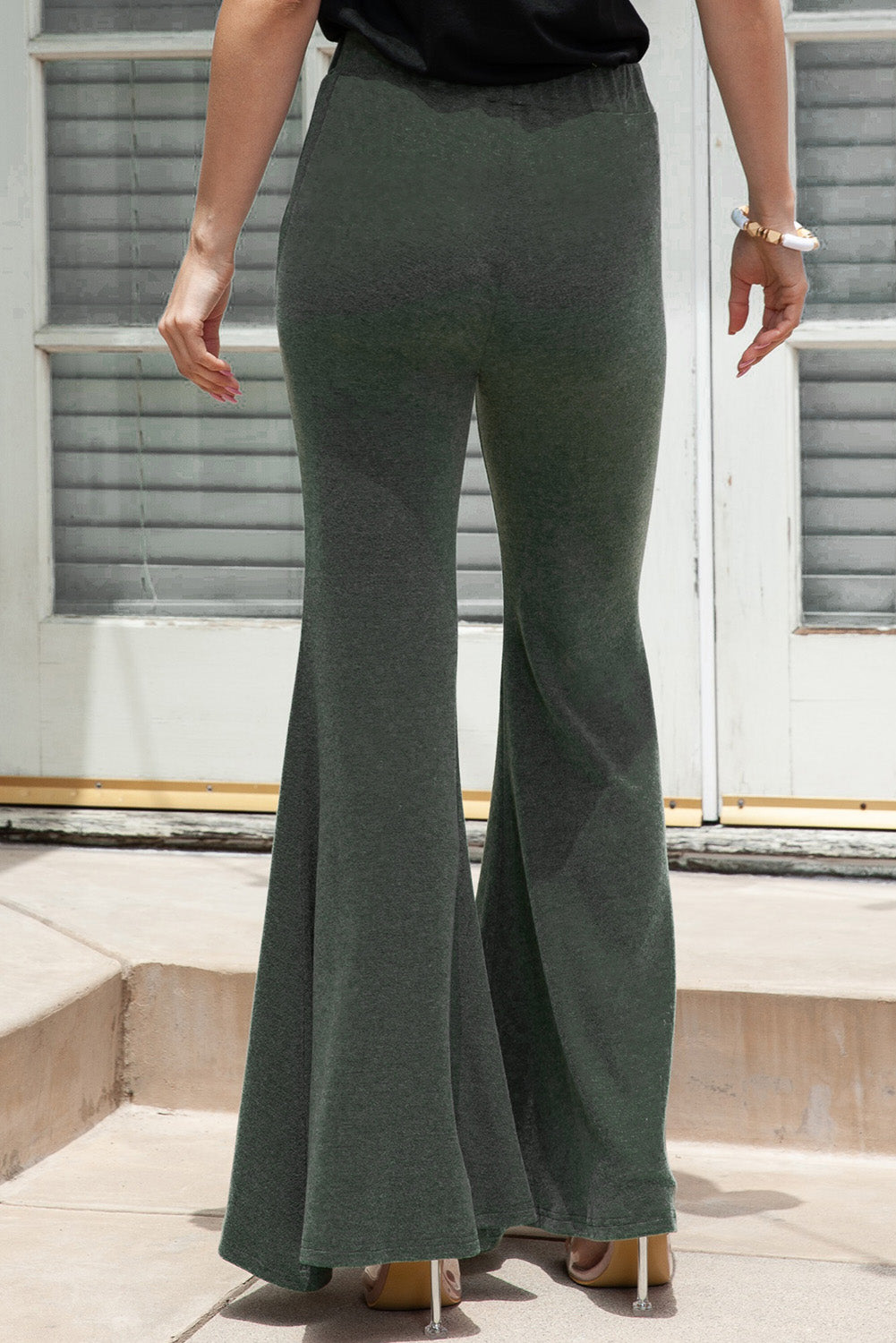 Green Solid High Waist Fit and Flare Pants