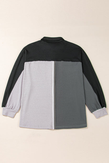 Colorblock Patchwork Ribbed Oversized Henley Sweatshirt