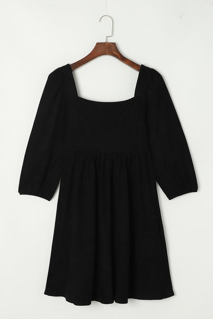 Black Washed Square Neck High Waist Flared Short Dress