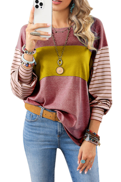 Peach Blossom Colorblock Striped Bishop Sleeve Top