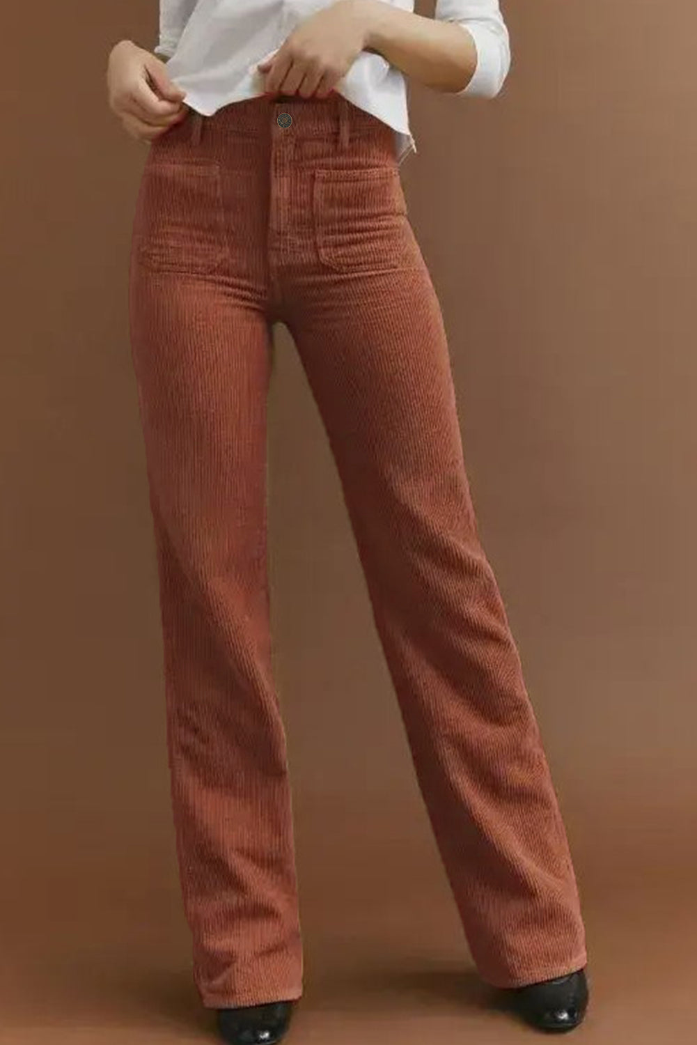 Brown High Waist Pockets Corduroy Flare Leg Pants