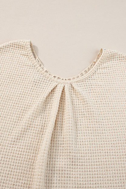 Oatmeal Guipure Lace Splicing Back Waffle Textured T-shirt