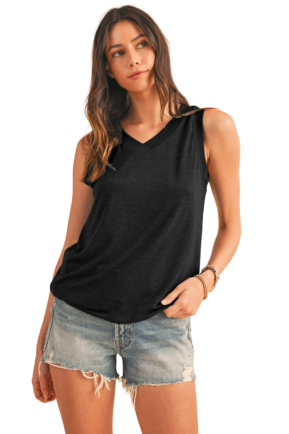 Simply Taupe Contrast Trim V-Neck Loose Fit Tank Top